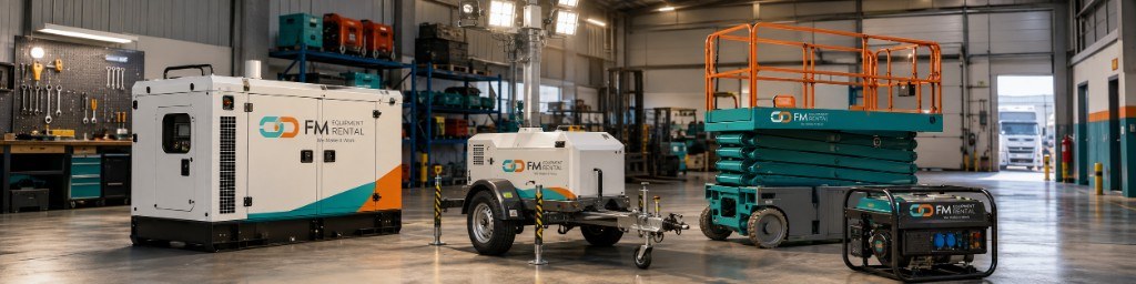 FM Equipment Rental: workshop fleet with generators, lighting towers and scissor lifts